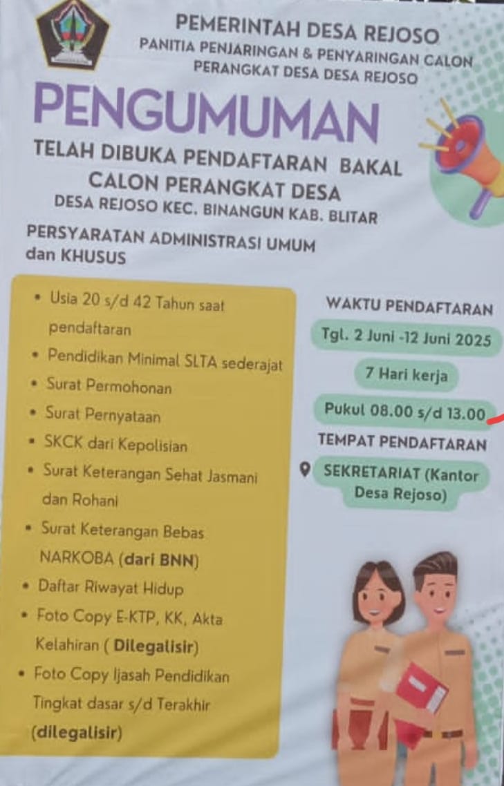 PENJARINGAN DAN PENYARINGAN CALON PERANGKAT DESA REJOSO TAHUN 2025